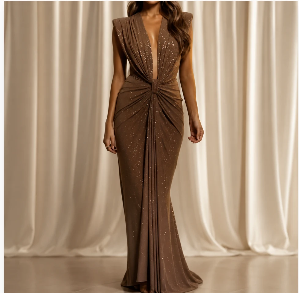 Bronze draped evening gown with glitter finish, made to measure in Columbus, Ohio