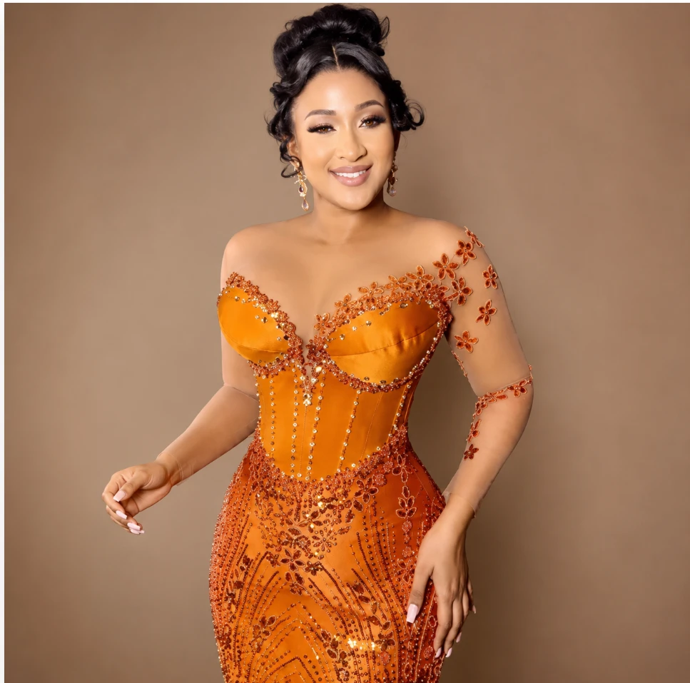 Burnt-orange beaded aso-ebi gown, custom made at Salimar Fashion and Tailor in Columbus, Ohio