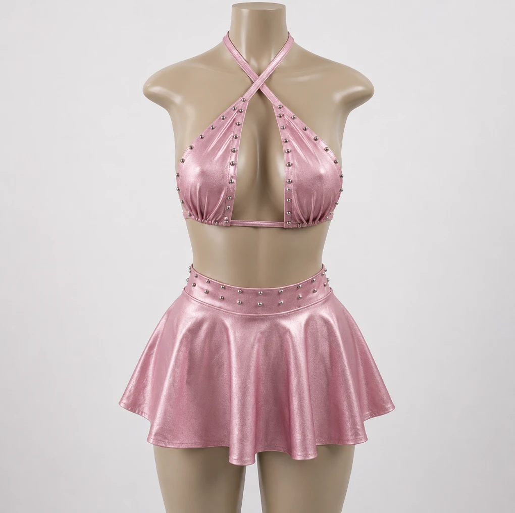 Rose-pink studded two-piece set, sewn to measure in Columbus